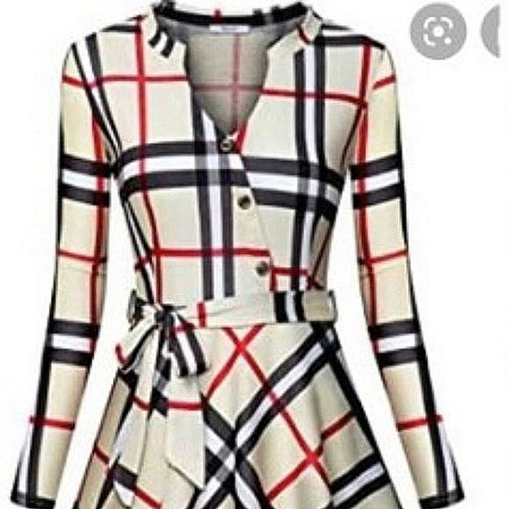 Diphi LiLi Plaid Dress Sz XL Tan Black V-Neck Button Down Fit & Flare Preppy VNT - Picture 6 of 13
